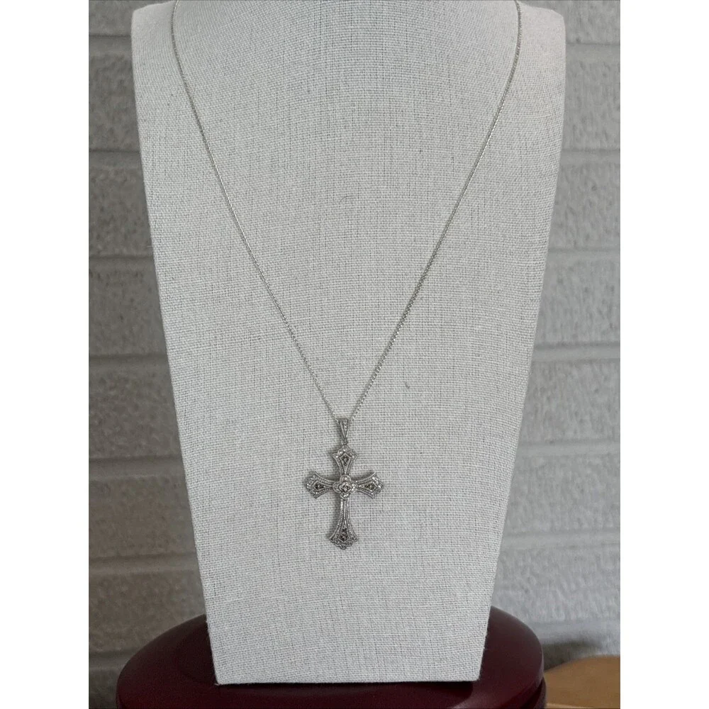 Stunning Sterling Silver Pave Genuine Natural Diamond Cross Pendant 24